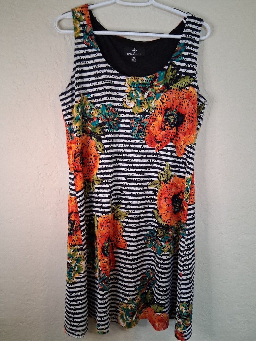 Ronni Nicole Mesh Black & White Striped Dress with Orange Floral Accents SZ 12